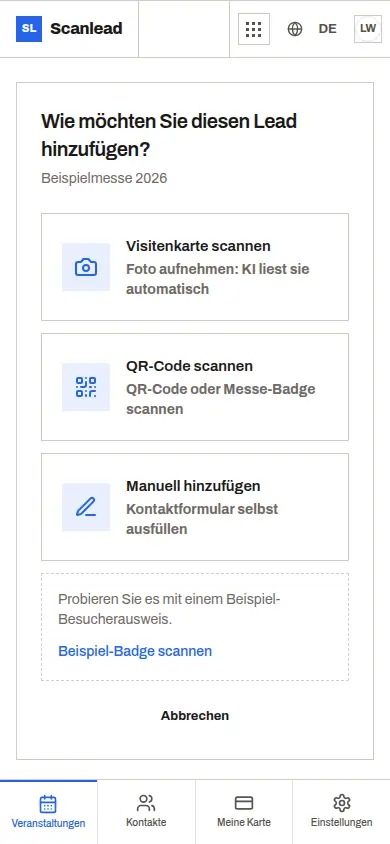 Scanlead: Kontakt hinzufügen per Visitenkarte, QR-Code oder Eingabe