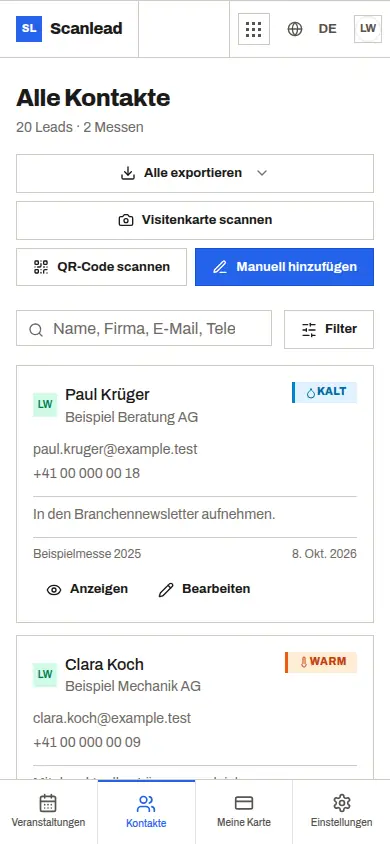 Scanlead: Kontaktliste einer Messe, eingestuft heiß, warm oder kalt