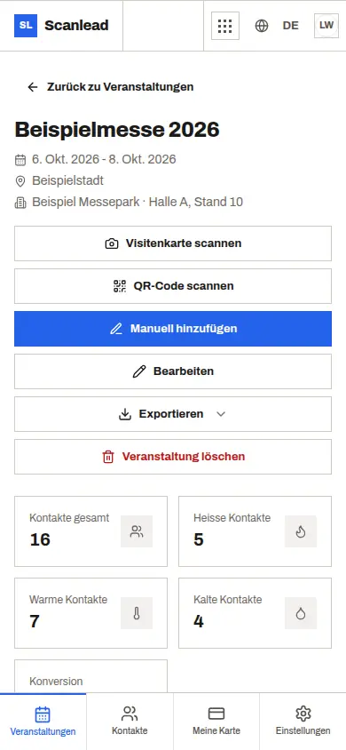 Scanlead: Messeseite mit Statistiken