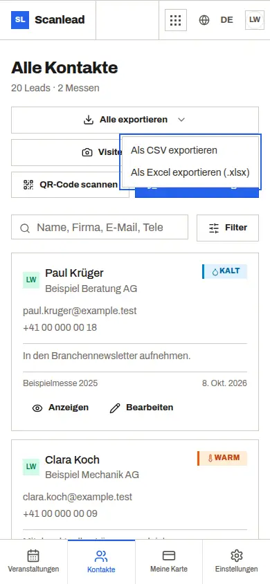 Scanlead: Export der Kontakte als CSV oder Excel