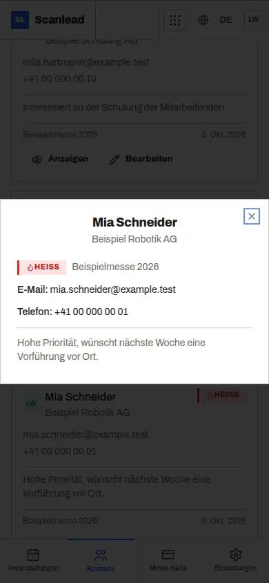 Scanlead: qualifizierter Kontakt mit Notiz