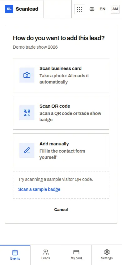 Scanlead: choose how to add a contact (business card, QR code, manual entry)