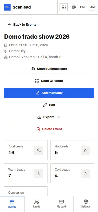 Scanlead: trade show page with statistics