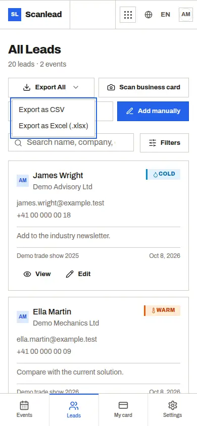 Scanlead: exporting contacts to CSV or Excel