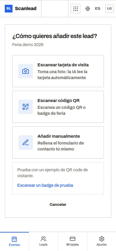 Scanlead: elegir cómo añadir un contacto (tarjeta de visita, código QR, entrada manual)