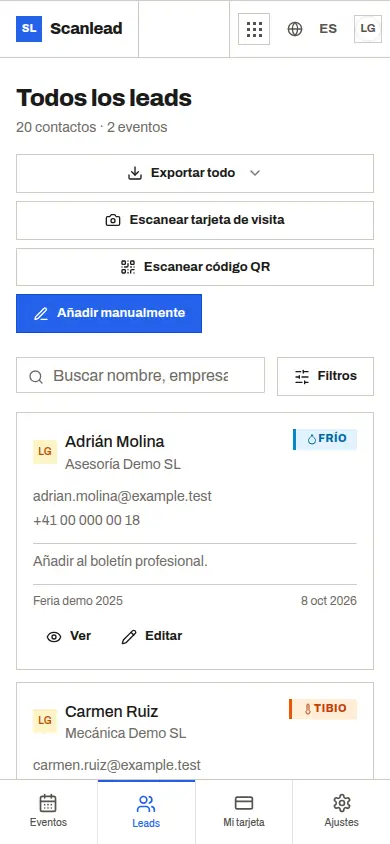 Scanlead: lista de contactos de una feria, calificados caliente, tibio o frío