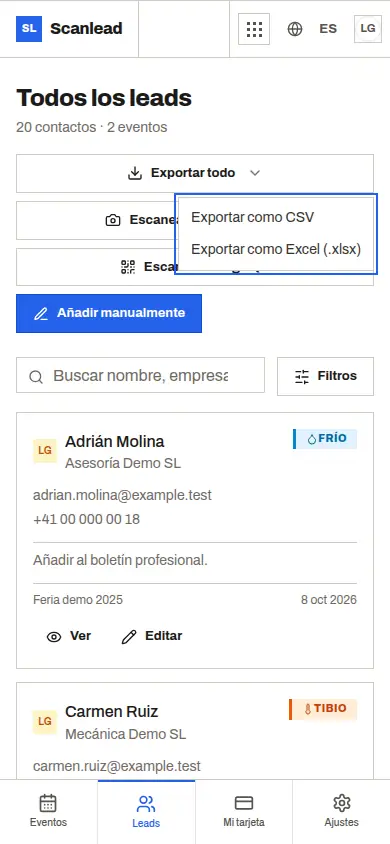 Scanlead: exportación de contactos a CSV o Excel