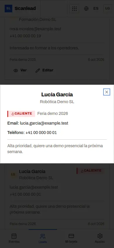 Scanlead: ficha de un contacto calificado con su nota