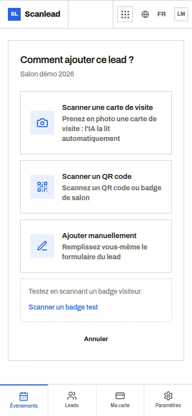 Scanlead : choisir comment ajouter un contact (carte de visite, QR code, saisie)
