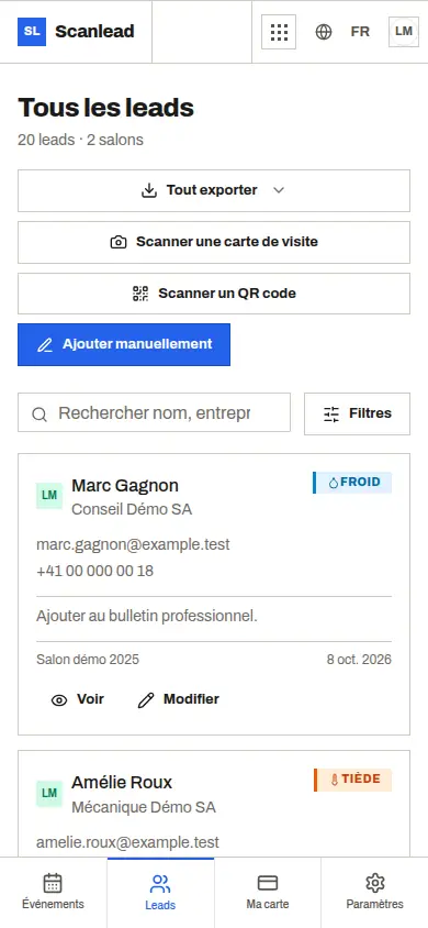 Scanlead : liste des contacts d'un salon, qualifiés chaud, tiède ou froid
