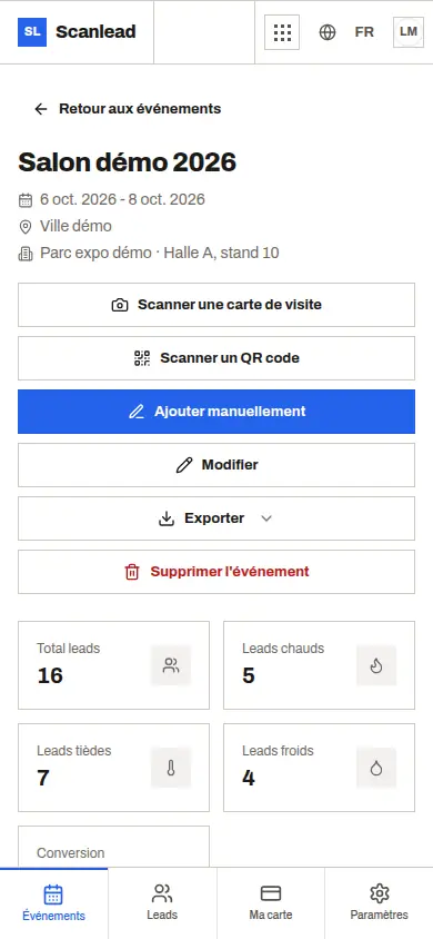 Scanlead : page d'un salon avec ses statistiques