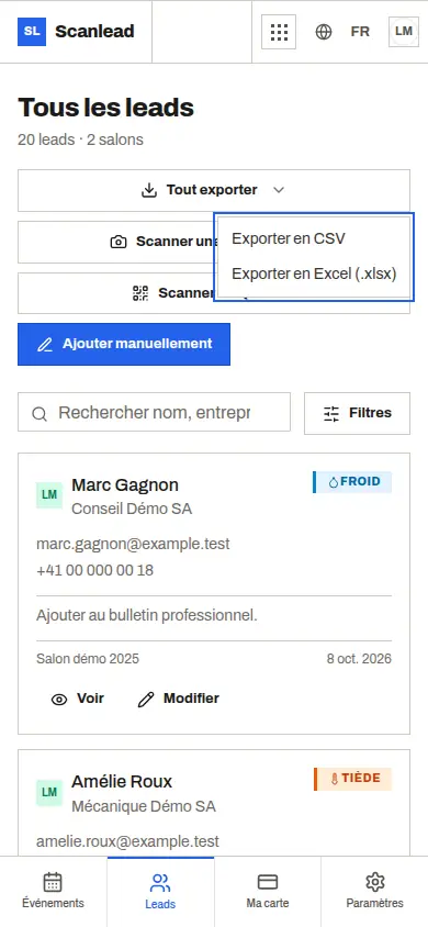 Scanlead : export des contacts en CSV ou Excel