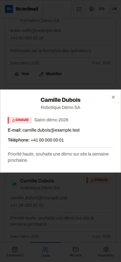 Scanlead : fiche d'un contact qualifié avec sa note