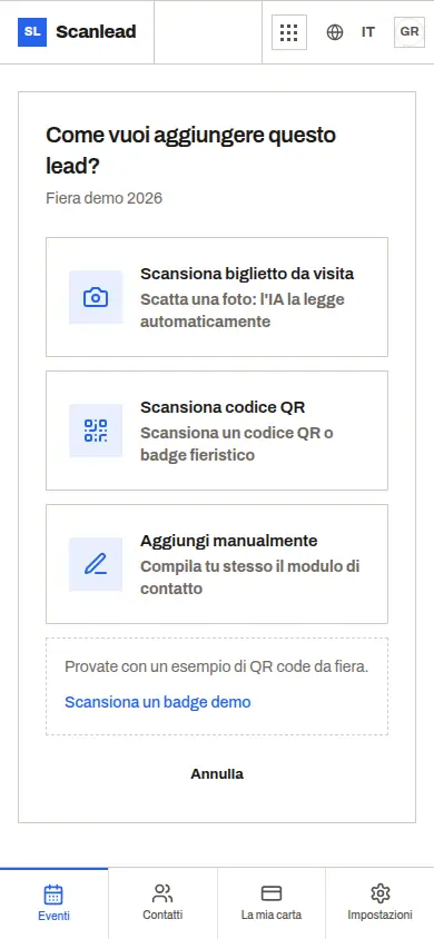 Scanlead: scegliere come aggiungere un contatto (biglietto da visita, QR code, inserimento)