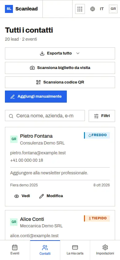 Scanlead: elenco dei contatti di una fiera, classificati caldo, tiepido o freddo