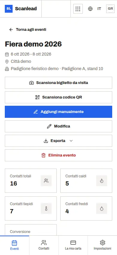 Scanlead: pagina di una fiera con le statistiche