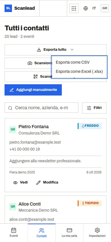 Scanlead: esportazione dei contatti in CSV o Excel